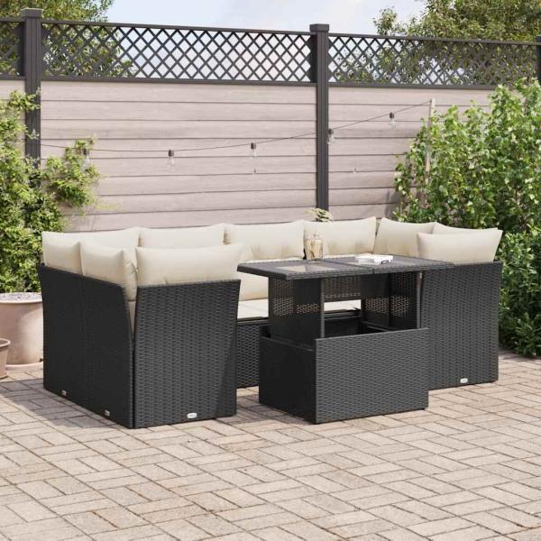 ARDEBO.de - 7-tlg. Garten-Sofagarnitur mit Kissen Schwarz Poly Rattan