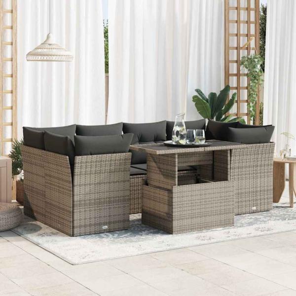 ARDEBO.de - 7-tlg. Garten-Sofagarnitur mit Kissen Grau Poly Rattan