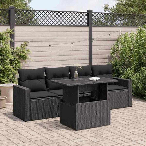 ARDEBO.de - 5-tlg. Garten-Sofagarnitur mit Kissen Schwarz Poly Rattan