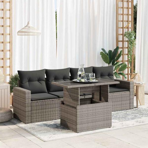 ARDEBO.de - 5-tlg. Garten-Sofagarnitur mit Kissen Grau Poly Rattan