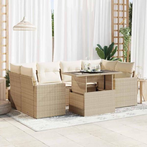 ARDEBO.de - 7-tlg. Garten-Sofagarnitur mit Kissen Beige Poly Rattan
