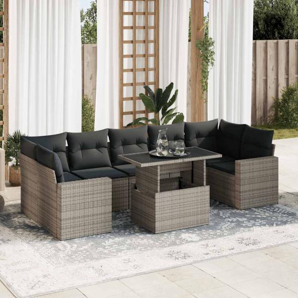 ARDEBO.de - 8-tlg. Garten-Sofagarnitur mit Kissen Grau Poly Rattan