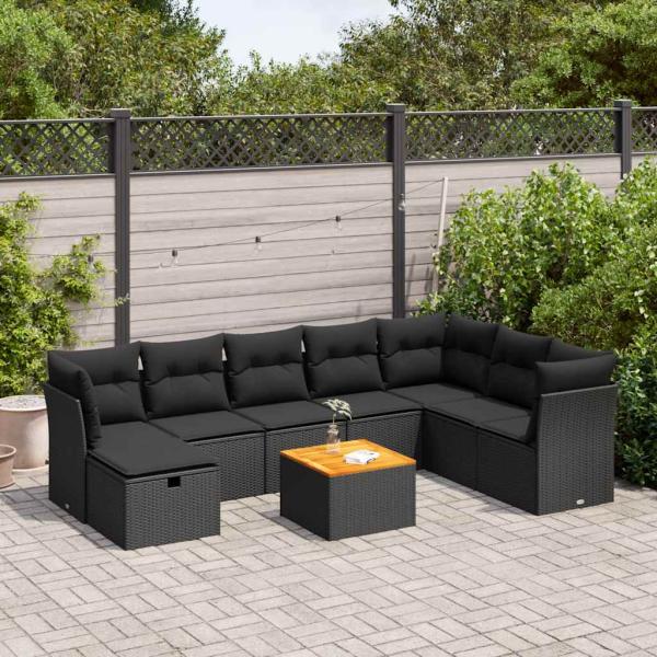 ARDEBO.de - 9-tlg. Garten-Sofagarnitur mit Kissen Schwarz Poly Rattan