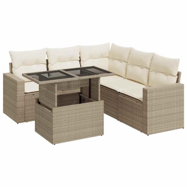 6-tlg. Garten-Sofagarnitur mit Kissen Beige Poly Rattan