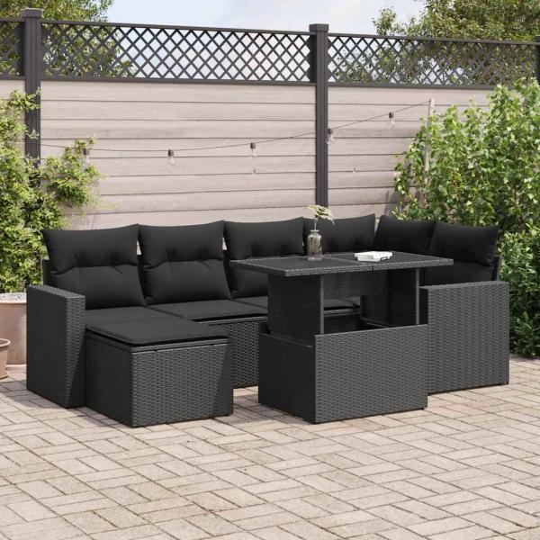 ARDEBO.de - 7-tlg. Garten-Sofagarnitur mit Kissen Schwarz Poly Rattan
