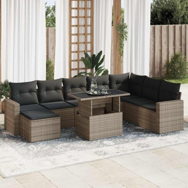 ARDEBO.de - 9-tlg. Garten-Sofagarnitur mit Kissen Grau Poly Rattan