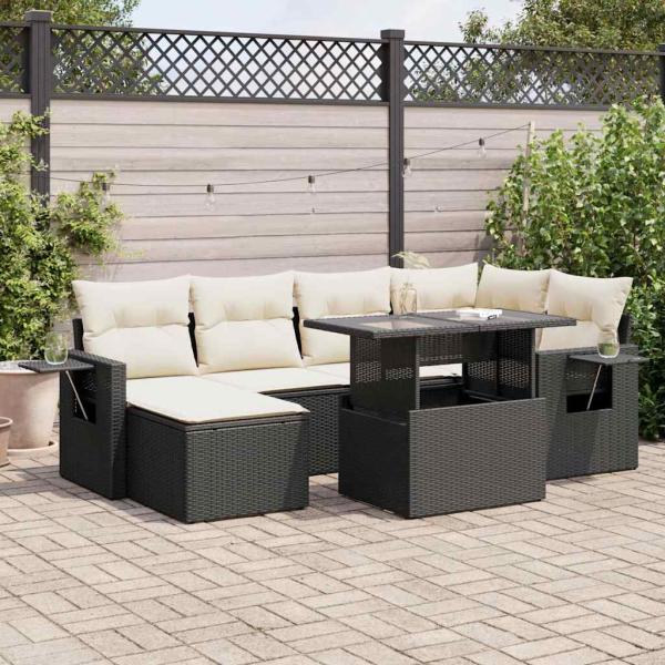 ARDEBO.de - 7-tlg. Garten-Sofagarnitur mit Kissen Schwarz Poly Rattan