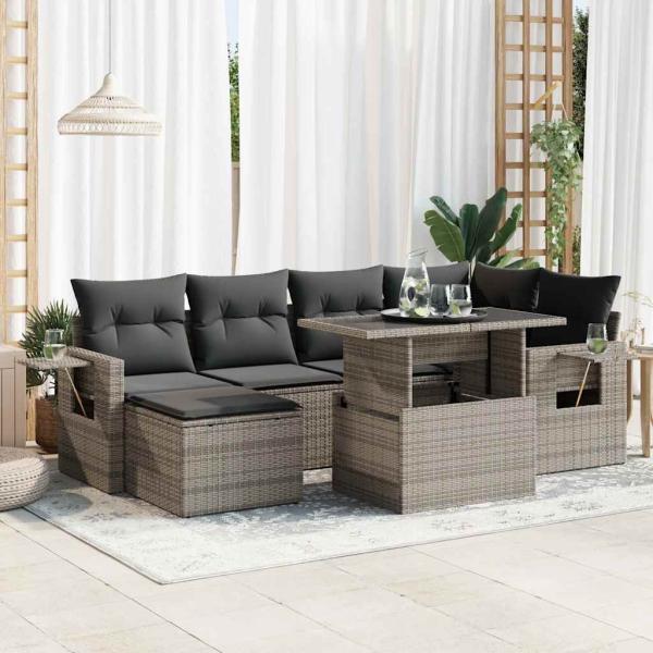 ARDEBO.de - 7-tlg. Garten-Sofagarnitur mit Kissen Grau Poly Rattan