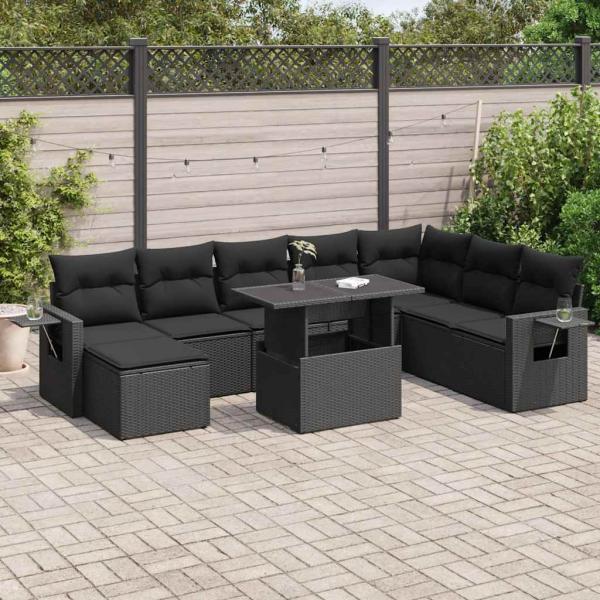 ARDEBO.de - 9-tlg. Garten-Sofagarnitur mit Kissen Schwarz Poly Rattan