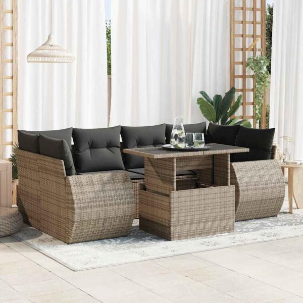 ARDEBO.de - 7-tlg. Garten-Sofagarnitur mit Kissen Grau Poly Rattan