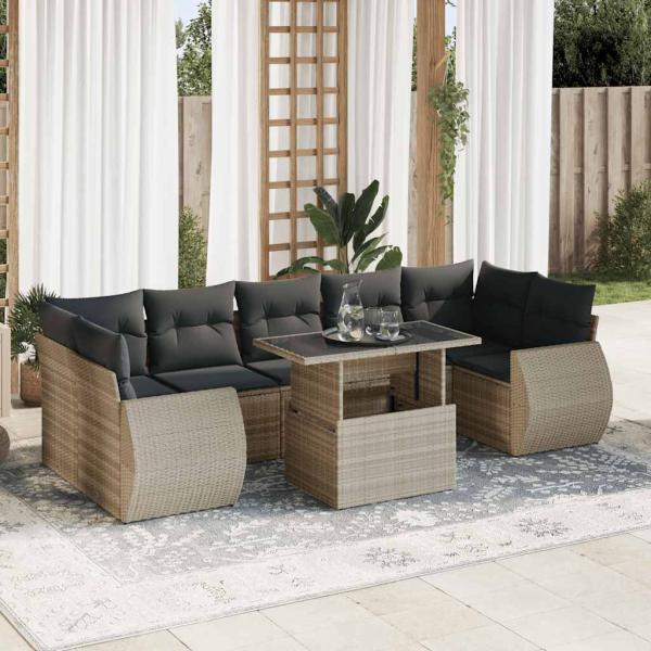 ARDEBO.de - 8-tlg. Garten-Sofagarnitur mit Kissen Hellgrau Poly Rattan