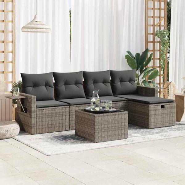 ARDEBO.de - 6-tlg. Garten-Sofagarnitur mit Kissen Grau Poly Rattan