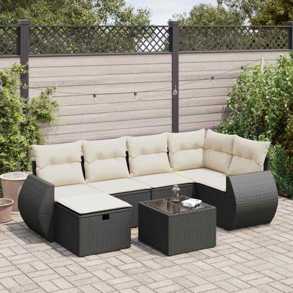 ARDEBO.de - 7-tlg. Garten-Sofagarnitur mit Kissen Schwarz Poly Rattan