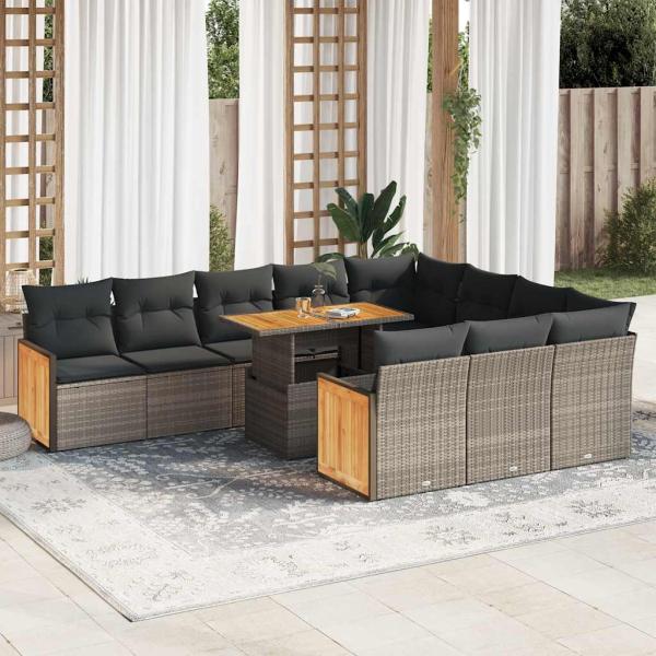 ARDEBO.de - 11-tlg. Garten-Sofagarnitur mit Kissen Grau Poly Rattan Akazie