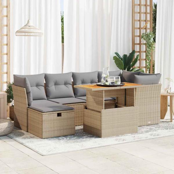 ARDEBO.de - 7-tlg. Garten-Sofagarnitur mit Kissen Beige Poly Rattan Akazie