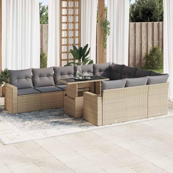 ARDEBO.de - 11-tlg. Garten-Sofagarnitur mit Kissen Beige Poly Rattan