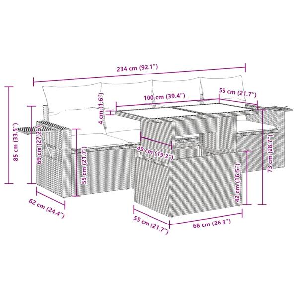 5-tlg. Garten-Sofagarnitur mit Kissen Beige Poly Rattan