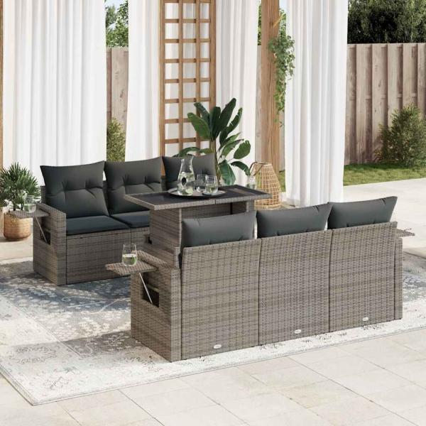 ARDEBO.de - 7-tlg. Garten-Sofagarnitur mit Kissen Grau Poly Rattan