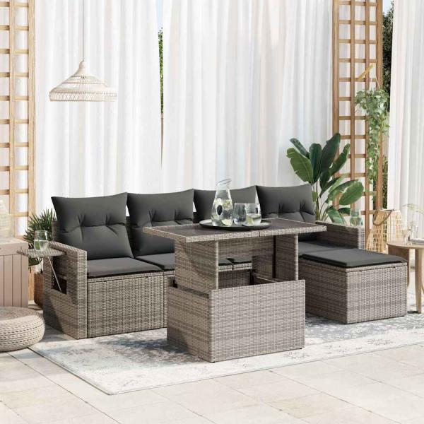 ARDEBO.de - 6-tlg. Garten-Sofagarnitur mit Kissen Grau Poly Rattan