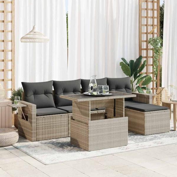 ARDEBO.de - 6-tlg. Garten-Sofagarnitur mit Kissen Hellgrau Poly Rattan