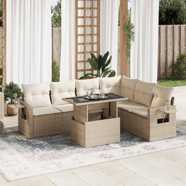 ARDEBO.de - 7-tlg. Garten-Sofagarnitur mit Kissen Beige Poly Rattan