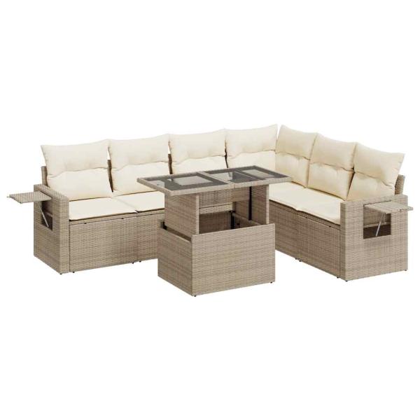 7-tlg. Garten-Sofagarnitur mit Kissen Beige Poly Rattan