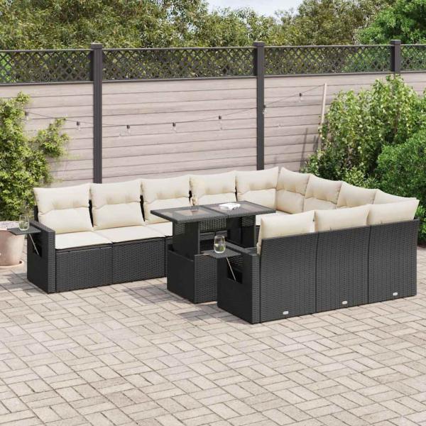 ARDEBO.de - 11-tlg. Garten-Sofagarnitur mit Kissen Schwarz Poly Rattan