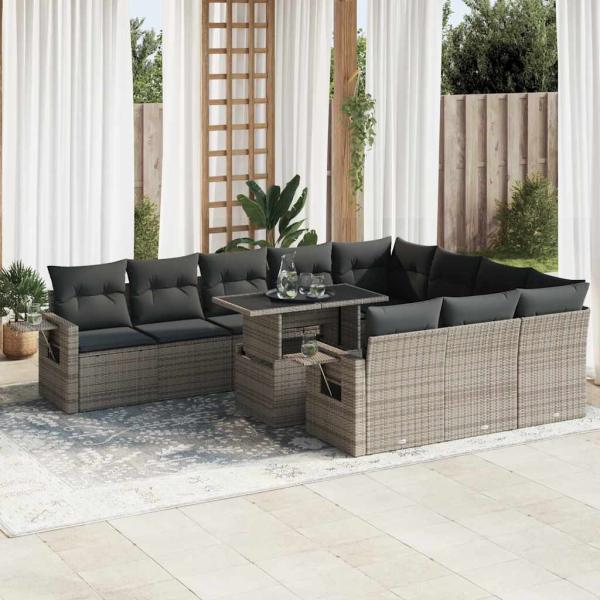 ARDEBO.de - 11-tlg. Garten-Sofagarnitur mit Kissen Grau Poly Rattan