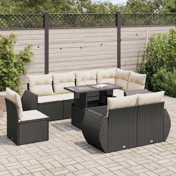 ARDEBO.de - 9-tlg. Garten-Sofagarnitur mit Kissen Schwarz Poly Rattan