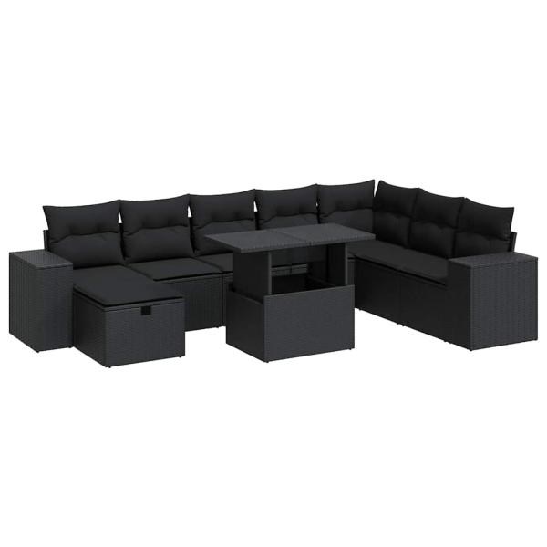 ARDEBO.de - 9-tlg. Garten-Sofagarnitur mit Kissen Schwarz Poly Rattan