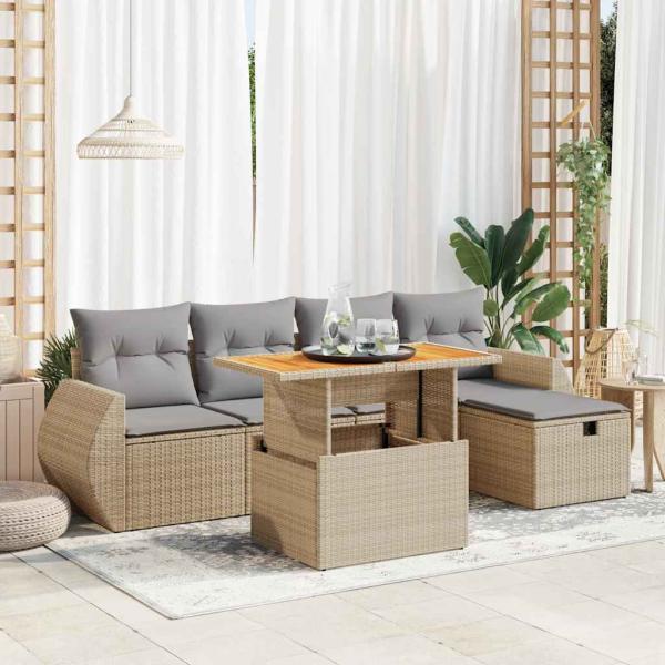 ARDEBO.de - 6-tlg. Garten-Sofagarnitur mit Kissen Beige Poly Rattan Akazie