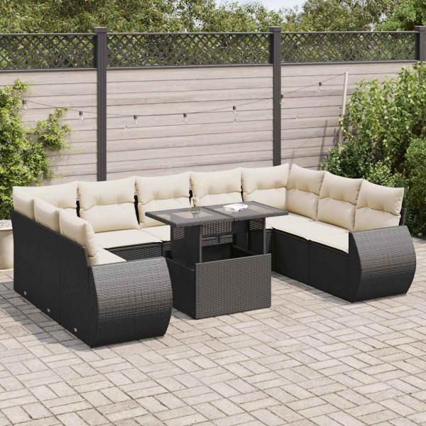 ARDEBO.de - 10-tlg. Garten-Sofagarnitur mit Kissen Schwarz Poly Rattan