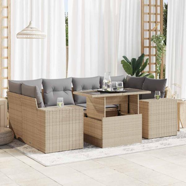 ARDEBO.de - 7-tlg. Garten-Sofagarnitur mit Kissen Beige Poly Rattan
