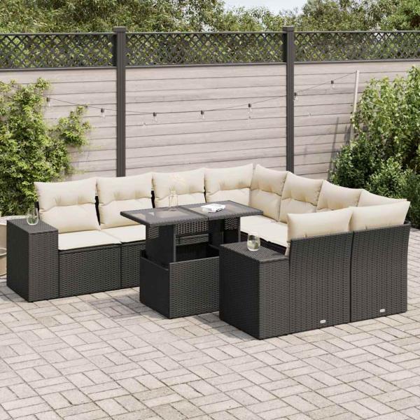 ARDEBO.de - 9-tlg. Garten-Sofagarnitur mit Kissen Schwarz Poly Rattan