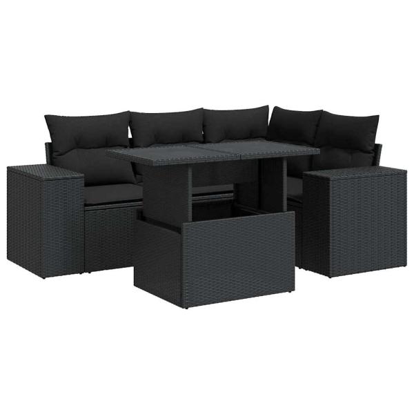 5-tlg. Garten-Sofagarnitur mit Kissen Schwarz Poly Rattan
