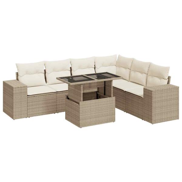 7-tlg. Garten-Sofagarnitur mit Kissen Beige Poly Rattan