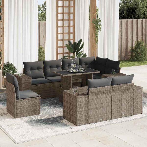 ARDEBO.de - 9-tlg. Garten-Sofagarnitur mit Kissen Grau Poly Rattan