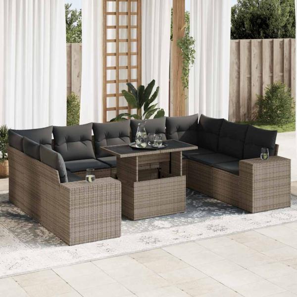 ARDEBO.de - 10-tlg. Garten-Sofagarnitur mit Kissen Grau Poly Rattan
