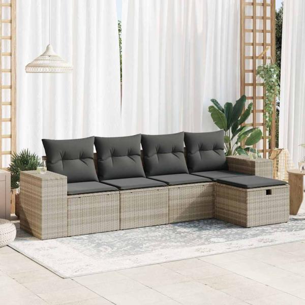 ARDEBO.de - 5-tlg. Garten-Sofagarnitur mit Kissen Hellgrau Poly Rattan