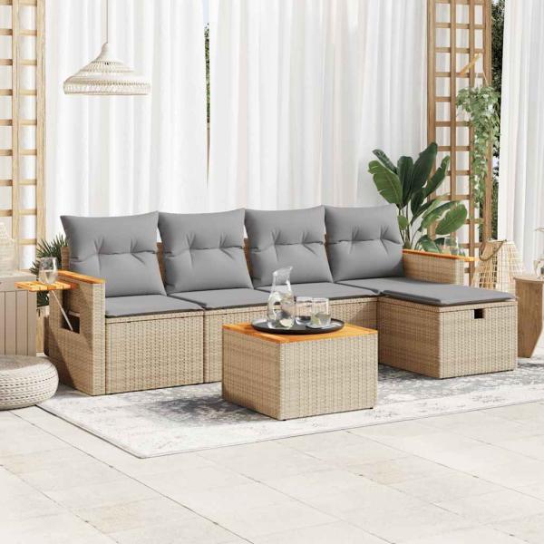 ARDEBO.de - 6-tlg. Garten-Sofagarnitur mit Kissen Beige Poly Rattan