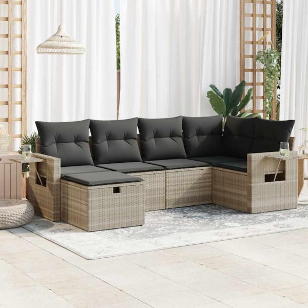ARDEBO.de - 6-tlg. Garten-Sofagarnitur mit Kissen Hellgrau Poly Rattan
