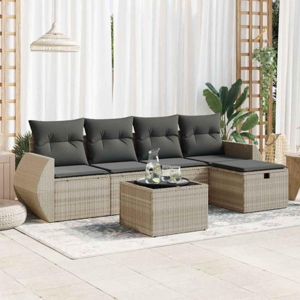 ARDEBO.de - 6-tlg. Garten-Sofagarnitur mit Kissen Hellgrau Poly Rattan