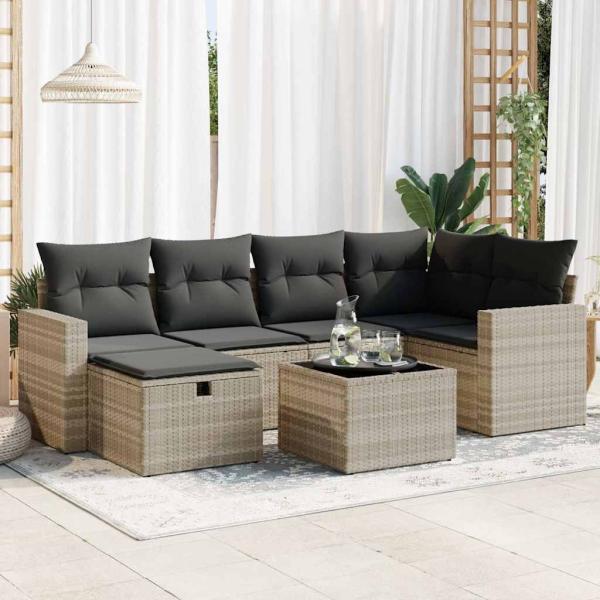 ARDEBO.de - 7-tlg. Garten-Sofagarnitur mit Kissen Hellgrau Poly Rattan