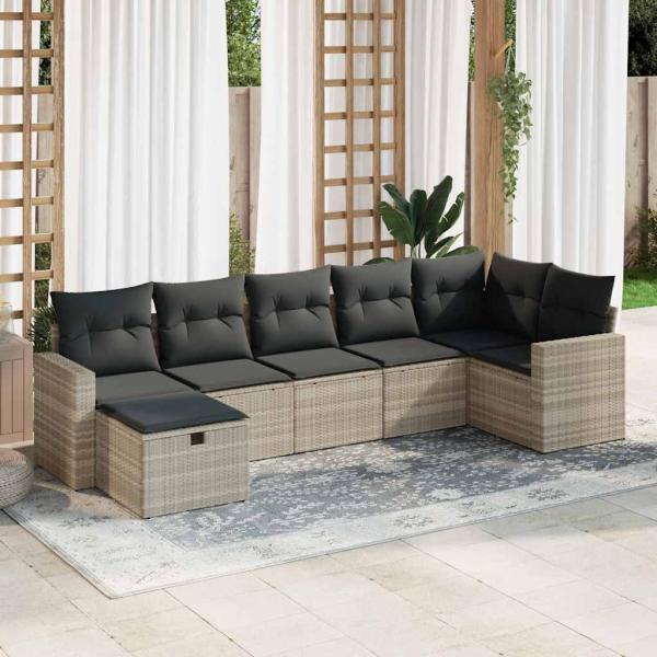 ARDEBO.de - 7-tlg. Garten-Sofagarnitur mit Kissen Hellgrau Poly Rattan