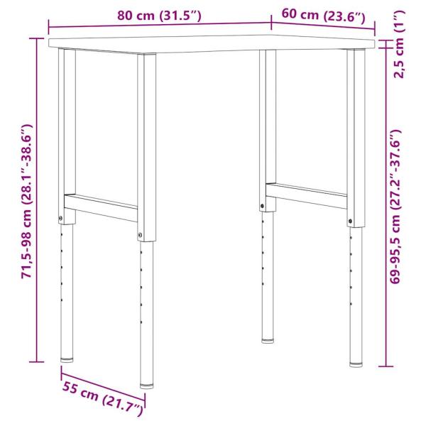 Werkbank Hellbraun 80x60x(71,5-98) cm Massivholz Eiche