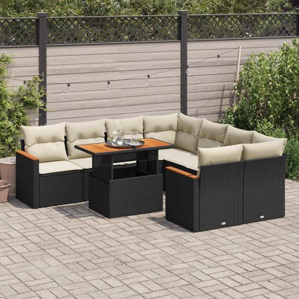ARDEBO.de - 9-tlg. Garten-Sofagarnitur mit Kissen Schwarz Poly Rattan