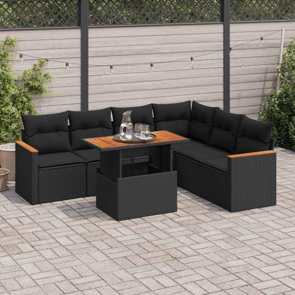 ARDEBO.de - 7-tlg. Garten-Sofagarnitur mit Kissen Schwarz Poly Rattan
