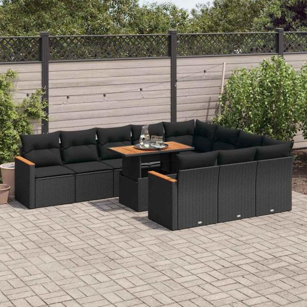 ARDEBO.de - 11-tlg. Garten-Sofagarnitur mit Kissen Schwarz Poly Rattan