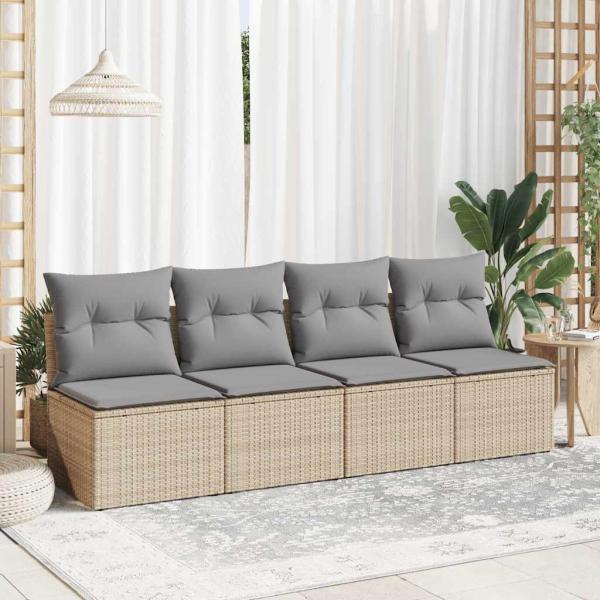 4-tlg. Garten-Sofagarnitur mit Kissen Beige Poly Rattan Akazie