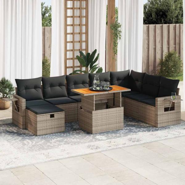 ARDEBO.de - 9-tlg. Garten-Sofagarnitur mit Kissen Grau Poly Rattan Akazie